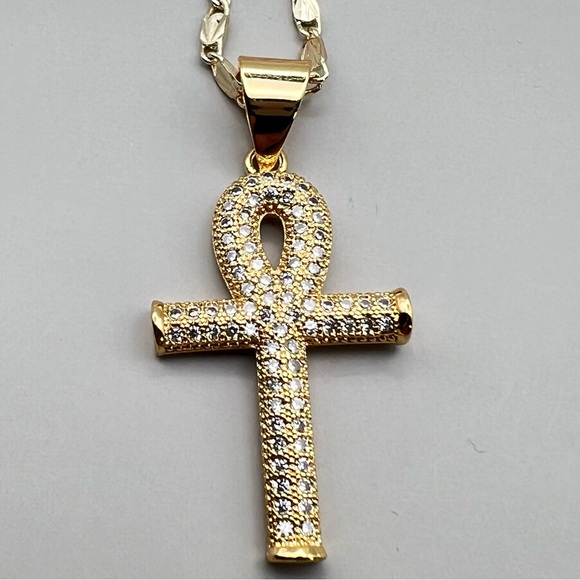 New Ankh Gold Tone CZ Iced Pendant Necklace with 22” Chain - Picture 8 of 8